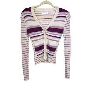 Naadam Womens Sz XS Purple Cream Stripped Ribbed Cardigan Sweater Silk Cashmere
